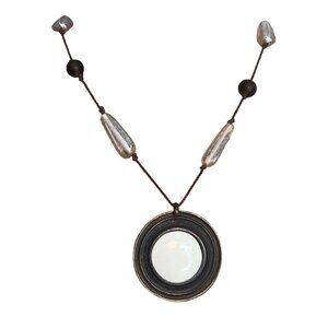 Vintage Express Long Brown Cord Necklace Round Pendant Glass Wood Beads No Clasp